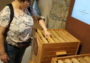 Kobieta zwiedza muzeum pszczelarstwa.